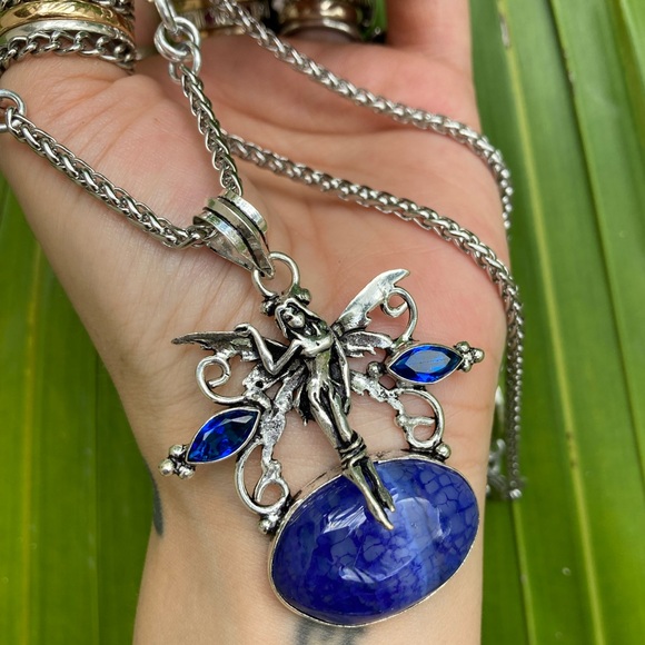 925 sterling silver overlay fairy charm blue Sapphires & agate gems necklace - Picture 5 of 14